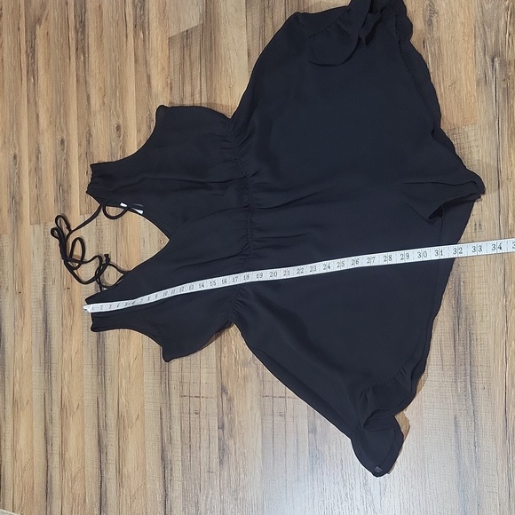 ASTR The Label - Black Sheer Overlay V-Neck Sleeveless Ruffle Embellished Romper - Picture 10 of 16